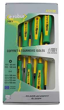 Coffret 6 tournevis trimati�re isol�s 1000V PZ1-2, plats 3-4-5,5-6,5mm