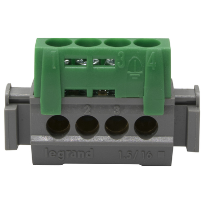 Bornier de rpartition isol IP2X terre - 4 connexions 1,5-16mm- vert long.47mm