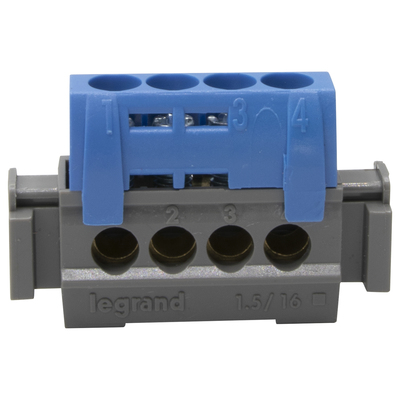 Bornier de rpartition isol IP2X neutre - 4x1,5mm  16mm - bleu - long. 47mm