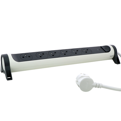 Rallonge 6x2P+T Surface avec inter, parafoudre et cordon 1,5m - blanc/gris