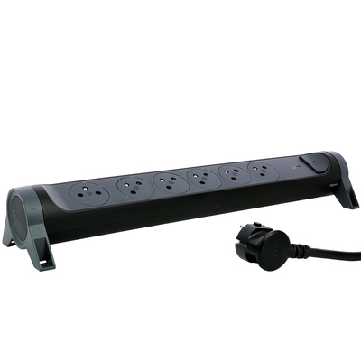 Rallonge 6x2P+T Surface avec inter, parafoudre et cordon 1,5m - noir/gris