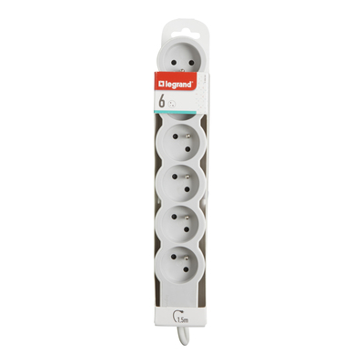Rallonge 6x2P+T avec cordon 1,5m 3G 1mm - blanc/gris clair