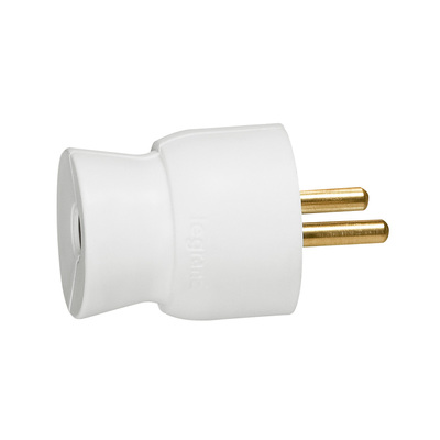 Fiche m�le avec terre plastique - sortie du c�ble par l'arri�re - blister -blanc