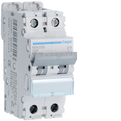 Disjoncteur 20A 2P 6-10kA Courbe C 2modules