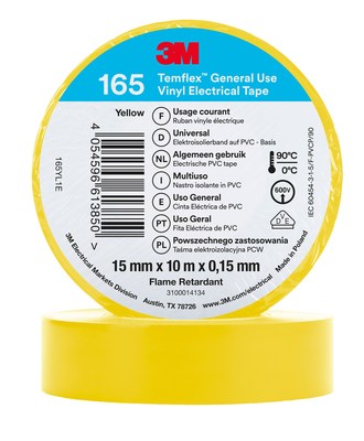 Temflex 165 Ruban d'isolation �lectrique 15mm x 10m �paisseur 0,15mm Jaune