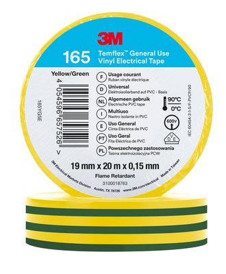 Temflex 165 Ruban d'isolation �lectrique 19mm x 20m �paisseur 0,15mm Vert/Jaune