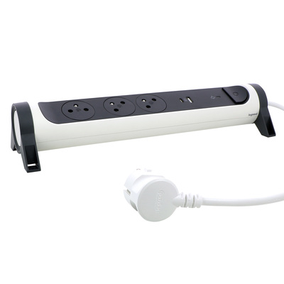 Rallonge 3x2P+T Surface, inter, parafoudre, USB A+C et cordon 1,5m - blanc/gris
