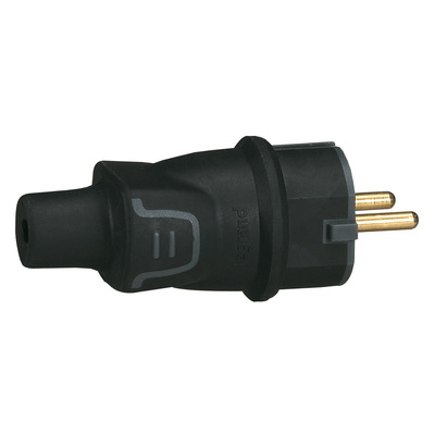 Fiche caoutchouc 2P+T 16A IP44 standard germanique � sortie droite - noir