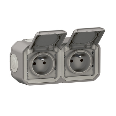 Prise de courant 2x2P+T horizontale Plexo complet saillie gris