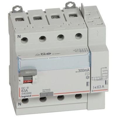 Interrupteur diff�rentiel DX�-ID haut vis/haut auto 4P 400V~ 63A AC 300mA -5 mod