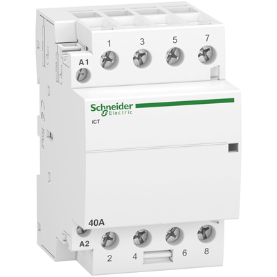 Acti 9 - contacteur iCT - 4P - 4F - 15A AC-7B | 40A AC-7A - 400 V CA 50 Hz 2.1 W 400 V CA - 500V CA 50/60 Hz - contr�le � distance - 100 commutations/jour - indicateur d\'action - 220...240 V CA 50 Hz - 6 pas de 9 mm - blanc - 30dB