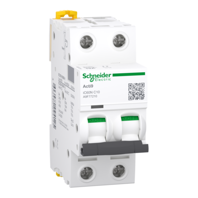 Acti 9 - disjoncteur iC60N - 2P - 10A - Courbe C - PdC 10 kA - 380...415 VCA | 20 kA - 220...240 VCA | 6000 A - 400 VCA | 6 kA - 440 VCA - Ui 500 VCA - Uimp 6 kV - NF - Larg. 4 pas de 9 mm