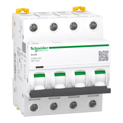 Acti 9 - disjoncteur iC60N - 4P - 63A - Courbe C - PdC 10 kA - 380...415 VCA | 10 kA - <= 250 V CC | 20 kA - 220...240 VCA | 6000 A - 400 VCA | 6 kA - 440 VCA - Ui 500 VCA - Uimp 6 kV - NF - Larg. 8 pas de 9 mm
