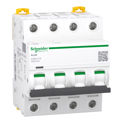 Acti 9 - disjoncteur iC60H - 4P - 16A - Courbe C - PdC 10000 A - 400 VCA | 10 kA - 440 VCA | 15 kA - 380...415 VCA | 30 kA - 220...240 VCA - Ui 500 VCA - Uimp 6 kV - NF - Larg. 8 pas de 9 mm
