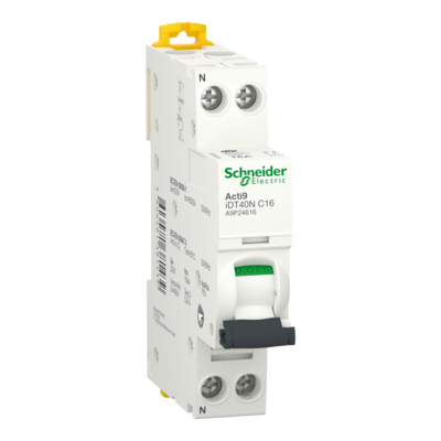 Acti9 iDT40N - disjoncteur modulaire - 1P+N C 16A 6000A/10kA 6000A Icn conform�ment � EN 60898 - 230 V AC 50/60 Hz / 10kA Icu conform�ment � EN/IEC 60947-2 - 230..240V AC 50/60 Hz - Rail DIN - NF - largeur 2 pas de 9mm