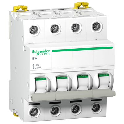 Acti 9 - interrupteur-sectionneur iSW - 4P 40 A 415 VCA 50/60 Hz - Uimp 6kV - Ui 500 VCA - Icw 1260 A - Cat. d\'emploi AC-22A - Aptitude au sectionnement - Coupure pleinement apparente - Peignable haut ou bas - Larg. : 8 pas de 9 mm - blanc