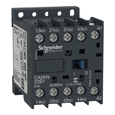 TeSys - contacteur auxiliaire K - CA2K - 2F+2O - 10A <= 50�C - AC-15 | DC-13 - bobine 24VCA 50/60 Hz - 600V CSA C22.2 No 14 | 690V BS 5424 | 690V IEC 60947 | 750V VDE 0110 gr C - bornes vis-�trier