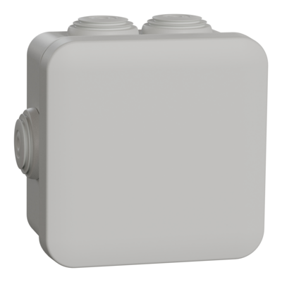 Mureva Box - bo�te de d�rivation en saillie - 80 x 80 x 45 mm - 7 passe-c�bles � 20mm - couvercle clipsable - 5 pi�ces - gris RAL 7035 - IP55 IK07 - corps ABS | couvercle polypropyl�ne | passe-c�ble SBS -650�C -CE -classe II -sans halog�ne