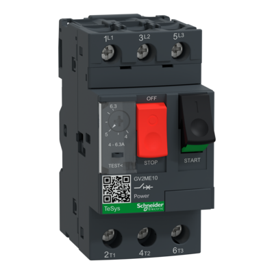 TeSys - disjoncteur moteur magn�to-thermique GV2ME - 3P - commande par bouton poussoir - r�glage th. 4 � 6.3A - moteur : 2.2kW � 400/415 V CA 50/60 Hz - courant d�clench. magn�tique 78A - borniers � vis-�trier
