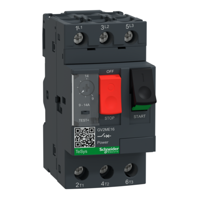 TeSys - disjoncteur moteur magn�to-thermique GV2ME - 3P - commande par bouton poussoir - r�glage th. 9 � 14A - moteur : 5.5kW � 400/415 V CA 50/60 Hz - courant d�clench. magn�tique 170A - borniers � vis-�trier