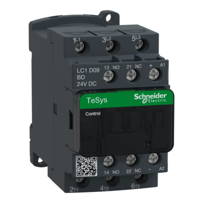 TeSys - contacteur D - 3P - 3F - contacts auxiliaires 1F+1O - bobine 24VCC - avec antiparasite - AC-1 | AC-3 | AC-4 - 25A (<= 60�C) � <= 440VCA AC-1 | 9A (<= 60�C) � <= 440VCA AC-3 - bornes vis-�trier