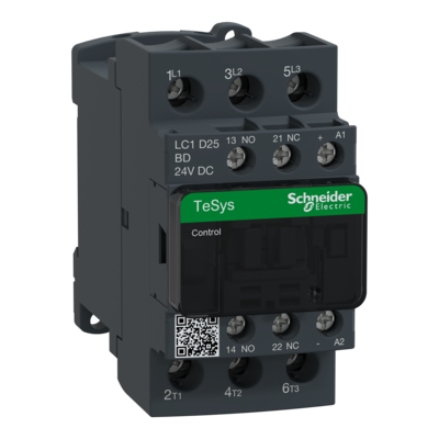TeSys - contacteur D - 3P - 3F - contacts auxiliaires 1F+1O - bobine 24VCC - avec antiparasite - AC-1 | AC-3 | AC-4 - 25A (<= 60�C) � <= 440VCA AC-3 | 40A (<= 60�C) � <= 440VCA AC-1 - bornes vis-�trier