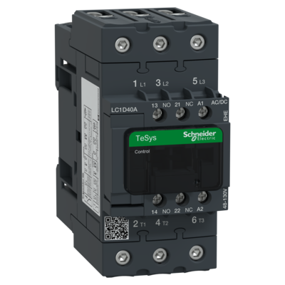 TeSys - contacteur D Green - 3P - 3F - contacts auxiliaires 1F+1O - bobine 48...130VCA 50/60Hz | 48...130VCC - CA/CC �lectronique - avec antiparasite - 40A (<= 60�C) <= 440V AC-3 | 60A (<= 60�C) <= 440V AC-1 - connecteurs � vis BTR EverLink
