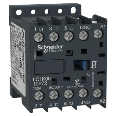 TeSys - contacteur K pour usage courant - 3P - 3F - contacts auxiliaires 1F - bobine 230VCA - avec antiparasite - montage platine ou rail - AC-3 | AC-4 - 6A <= 440VCA AC-3 - bornes vis-�trier