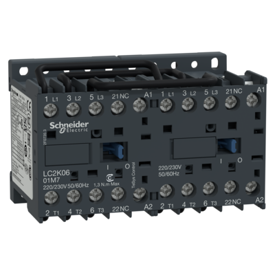 TeSys - contacteur-inverseur K - verrou m�ca - 3P - 3F - contact aux. 1O - bobine 24VCA 50/60Hz - 0,8�1,15 Uc - 6A <= 440VCA AC-3 - 1.3 Mcycles - fusible 25A aM | 25A gG - bornes vis-�trier