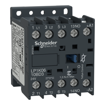 TeSys - contacteur K pour courant continu - 3P - 3F - contacts auxiliaires 1F - bobine 24VCC - avec antiparasite - montage platine ou rail - AC-3 | AC-4 - 6A <= 440VCA AC-3 - bornes vis-�trier