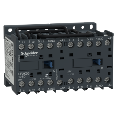TeSys - contacteur-inverseur K courant continu - verrou m�ca - 3P - 3F - contact aux. 1F - bobine 24VCC - 0,8�1,15 Uc - 6A <= 440VCA AC-3 - 1.3 Mcycles - fusible 25A aM | 25A gG - bornes vis-�trier