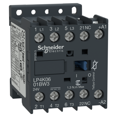 TeSys - contacteur K basse consommation - 3P - 3F - contacts auxiliaires 1O - bobine 24VCC - montage platine ou rail - AC-3 | AC-4 - 6A <= 440VCA AC-3 - bornes vis-�trier