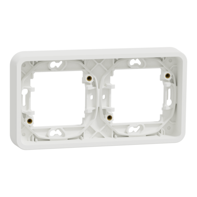 Mureva Styl - cadre pour montage encastr� - 2 postes horizontal - entraxe 71 x blanc RAL 9003 fixation par vis - auto-extinguible - Utilisation int�rieur/ext�rieur - Dim. en saillie (mm) 84 x 155 x 19 - NF - IP55 - IK08 - Vente par 1