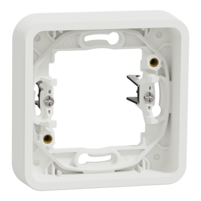 Mureva Styl - cadre pour montage encastr� - 1 poste - blanc RAL 9003 fixation par griffes - auto-extinguible - Utilisation int�rieur/ext�rieur - Dim. en saillie (mm) 84 x 84 x 19 - NF - IP55 - IK08 - Vente par 1