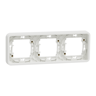 Mureva Styl - cadre pour montage encastr� - 3 postes horizontal - entraxe 71 x blanc RAL 9003 fixation par vis - auto-extinguible - Utilisation int�rieur/ext�rieur - Dim. en saillie (mm) 84 x 226 x 19 - NF - IP55 - IK08 - Vente par 1