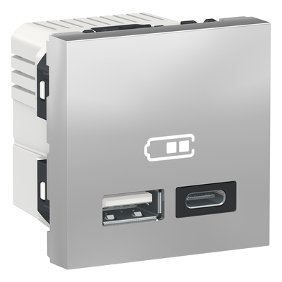 Unica - chargeur USB double - 5Vcc - 2,4A type A+C - 2 modules - Alu - m�canisme seul