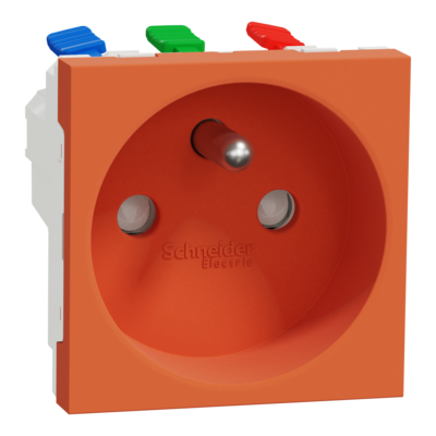 Unica - prise de courant 2P+T - 16A - 250Vca - standard fran�ais - 90� - raccordement rapide traversant - Orange - m�canisme seul