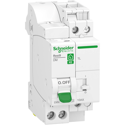 Resi9 XE TL - Combin� t�l�rupteur 1F + disjoncteur embrochable 1P+N - 10 A 230 V courbe C 3000 A 250 VCA 50 Hz - Commande � distance : bouton-poussoir lumineux 3 mA - NF - Largeur : 4 pas de 9 mm - blanc RAL 9003 - IP20