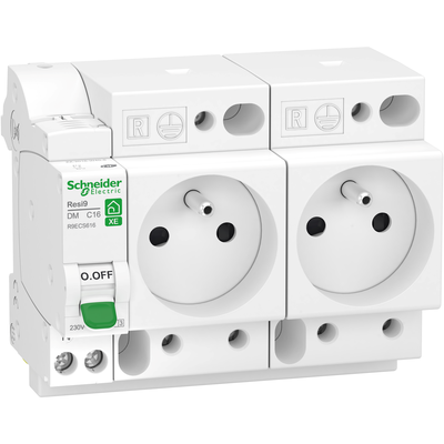 Resi9 XE - Combin� 2 prises de courant standard fran�ais + disjoncteur embrochable 1P+N 16 A 230 V courbe C 3000 A - prise 16 A 250 VCA 50 Hz - NF - Largeur : 12 pas de 9 mm - blanc RAL 9003 - IP20