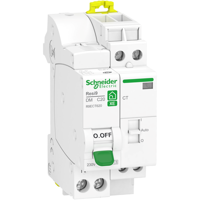Resi9 XE CT - Combin� contacteur heures creuses 2F 20A + disjoncteur embrochable 1P+N 20A 230V courbe C 3000A - Tension circuit de commande : 230VCA 50Hz - commande manuelle et � distance - NF - Larg. : 4 pas de 9 mm - blanc RAL 9003 - IP20