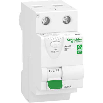Resi9 XE - Interrupteur diff�rentiel embrochable - type AC - 25A � 30�C selon EN/CEI 61008 - 1P + N - 30mA selon EN/CEI 61008 - Diff�rentiel instantan� - Ue : 230 V CA 50 Hz - CE - NF - Largeur : 4 pas de 9 mm - blanc RAL 9003 - IP20