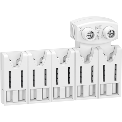 Resi9 XE - r�partiteur avec connecteur - 1P+N - 5 modules de 18 mm - Ie 63A 40�C - Ue 230 V CA Ph/N - CE - Pas de raccordement : 9mm - blanc RAL 9003