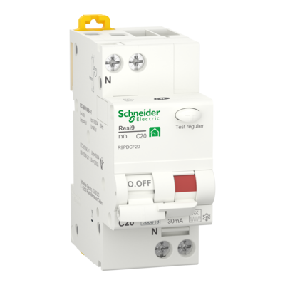 Resi9 XP DD - Disjoncteur diff�rentiel - 1P + N - 20A � 30�C conforme � EN/IEC 61008 - 230 V CA 50 Hz - Courbe C - 30mA conforme � EN/IEC 61008 - instantan� - Largeur : 4 pas de 9 mm - CE - NF - blanc RAL 9003