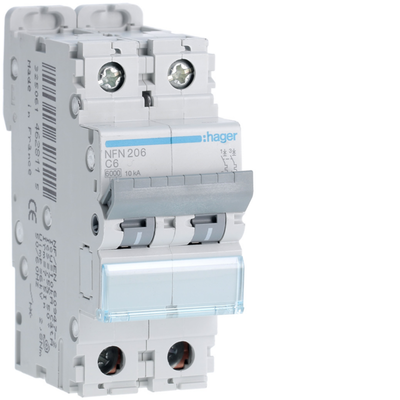 Disjoncteur 6A 2P 6-10kA Courbe C 2modules
