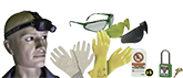 Kit de s�curit� �lectrique contenant lunettes, gants, cadenas et �tiquettes.