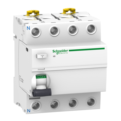 Acti 9 - interrupteur diff�rentiel - iID - 4P - 63A - 30mA - instantan� - type AC - 10kA - Ue : 380...415 V CA 50/60 Hz - Ui : 500V CA 50/60 Hz - Uimp : 6kV - Coupure pleinement apparente - EN/CEI 61008-1 - Largeur : 8 pas de 9 mm - blanc