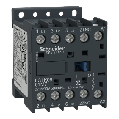 TeSys - contacteur K pour usage courant - 3P - 3F - contacts auxiliaires 1O - bobine 230VCA - montage platine ou rail - AC-3 | AC-4 - 6A <= 440VCA AC-3 - bornes vis-�trier