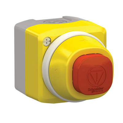 Harmony XAL - boite bouton arr�t d\'urgence avec anneau lumineux - pousser tourner - pousser tourner carr� - rouge - collerette conique - plastique jaune - 1O+1F - 24VCC