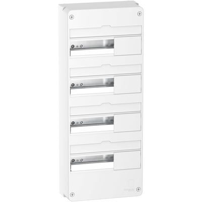 Resi9 - coffret en saillie - 4 ranges de 13 modules - In 90 A - Collecteurs de terre 15 + 24 trous | Borniers Phase 7 trous + Neutre 7 trous - IP30 sans porte - IP40 avec porte - IK08 - H x L x P (mm) 625 x 252 x 108 - Blanc RAL 9003
