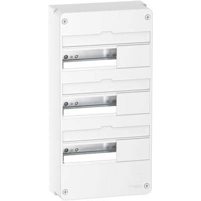 Resi9 - coffret en saillie - 3 ranges de 13 modules - In 90 A - Collecteurs de terre 2 x 15 trous | Borniers Phase 7 trous + Neutre 7 trous - IP30 sans porte - IP40 avec porte - IK08 - H x L x P (mm) 500 x 252 x 108 - Blanc RAL 9003